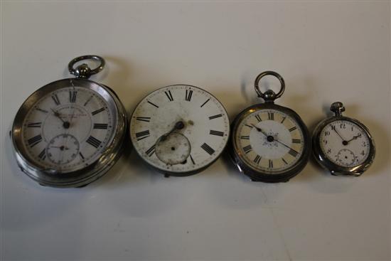 3 silver pocket watches and another